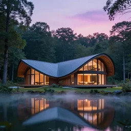 curved roof planes lift and descend creating shade and architectural expression, house, highly detailed, situated in the forest, next to a highly reflective lake, at dusk, vivid color, high resolution photography, mist, architecture luxury