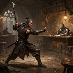 Dungeons an dragons art of a monk fighting a knight inside of a tavern
