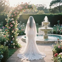 analog photograph of beautiful woman from behind, wearing a long flowing trumpet style lace wedding dress and a silk veil, in a stunning garden on a small stone pathway with a flower archway and a pristine water fountain, golden hour, by mark owen. pastel colours. light rays. bokeh. cinematic. hq. detailed. contrast. cinestill 8 0 0 t