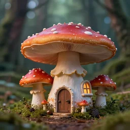 5 5 mm macro photo of a house made of a large thick magical amanita muscaria mushroom, with a door and windows, in a magical forest. dof. bokeh. by artgerm and luis royo. highly detailed 8 k. intricate. lifelike. realistic sony a 7 r iv. soft light. cinematic processing