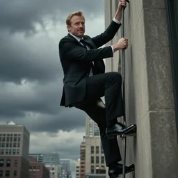 Jon Favreau as clean-shaven Happy Hogan wearing a black suit and black necktie and black dress shoes is climbing a tall building in an urban city. The sky is filled with dark clouds and the mood is ominous.