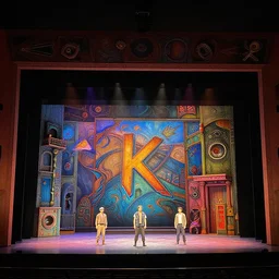 photo of a huge theaterstage, play is speed, 3 actors on stage, 8 k, multicolored, exaggerated detailed, long shot