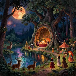 a night carnival around a magical tree cavity, with a surreal orange moonlight and fireworks in the background, next to a lake with iridiscent water, christmas lights, folklore animals and people disguised as fantastic creatures in a magical forest by summer night, masterpiece painted by julius schnorr von carolsfeld, dark night environment