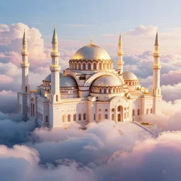 hyperrealistic digital illustration of a shining Byzantine palace in a sea of clouds, fluffy pastel clouds, establishing shot, cinematic, architecture, concept art, deviantArt, artsation, artstation HQ, HD, 16k resolution, smooth, sharp detail, amazing depth, octane, finalRender, Unreal Engine