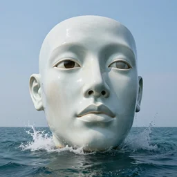 a massive porcelain sculpture of a surreal distorted human face on the ocean water, in the style of johnson tsang, lucid dream series, cinematic, hyper - realistic, very detailed, realistic water splashes, ray tracing, 8 k resolution, long - shot, sharp focus, low angle, 8 5 mm photograph, wide lens
