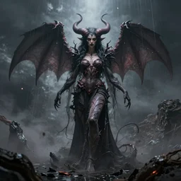 gorgeous lilith the mother of all monsters succubi, raining ash, fine art masterpiece, highly detailed dino valls wayne barlowe machiej kuciara, dramatic lighting, long shot, wide angle, uhd 8 k, sharp focus