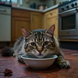 cinematic colorful horror artwork by artgerm, beksinski, mark brooks ; real life full portrait of furry cat resting by bowl ; kitchen floor. macro scale ground level ; scary, 8 k hdr, creepy intricate ; eerie volumetric dramatic lighting, insanely detailed, haunting