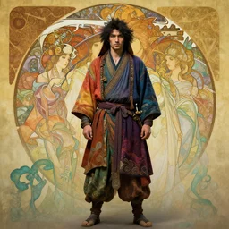 wide angle full body portrait shot of a homeless ronin samurai wearing flowing colourful clothes, highly detailed face, detailed eyes, alphonse mucha, rhads, ross tran, artstation, artgerm, octane render, 1 6 k