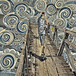 walking on an old wood bridge, 2 meters , swirly clouds in the background, art by James Jean and Wayne Barlowe and moebius, high details , contrasted colors, cinematic, cgsociety 8k