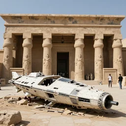 spaceship wreckage in front of an ancient egyptian temple by martin deschambault, dean ellis, peter elson, chris foss, josan gonzalez, david a hardy, john harris, wadim kashin, angus mckie, bruce pennington, retro 1 9 6 0 s sci - fi art