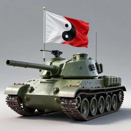 a flag with yin - yang symbol on top of a armored battle tank in the middle of a world war 3 battlefield, a detailed pencil drawing by an alien from the future