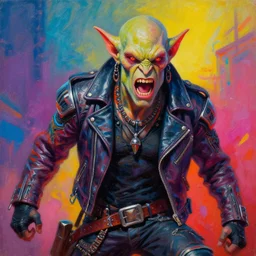 a portrait of an apocalyptic scifi orcish biker character standing in a dynamic pose and shouting, psychedelic vibrant colors, futuristic punk rock fashion, oil painting by michael whelan art, perfect face, sharp focus, detailed eyes, realistic, leather jacket, 8 k
