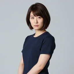 sony a 7 r iii. iso 8 0 0, shutter 1 / 1 2 5, f / 1. 2. 3 / 4 turn portraiture pose. yearbook studio faculty and staff portrait of a beautiful gorgeous stern intense athletic hourglass japanese female teacher who bears an uncanny resemblance to motoko kusanagi. motoko's short bobcut hairstyle.