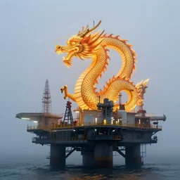 a giant glowing chinese dragon perches on an oil platform in the misty morning, by moebius