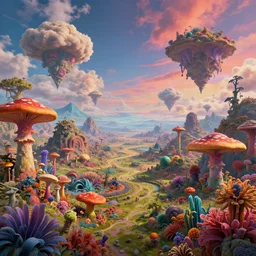 a view of a surreal alien variated planetary fractal landscapes with gigantic fungus and flora of varying vibrant colors and sizes scattered across the vast landscapes, surreal clouds, floating islands, 4 k, retro, detailed, beautiful view, vibrant, weird skies, extradimensional, trending on artstation