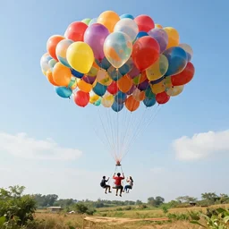 large colorful balloons with people on rope swings underneath, flying high over the landscape, realistic, detailed