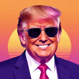 pink and purple vaporwave vector art of smirking donald trump wearing sunglasses, orange sunset background, highly detailed