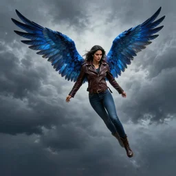 angel avan jogia with blue-indigo-feather wings. Leather jacket, boots and jeans. Flying in a stormy sky. Distant full body shot. Artwork by Alex Ross