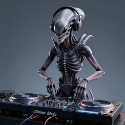 3d render of photoreal xenomorph alien with headphones DJing with DJ turntables, unreal