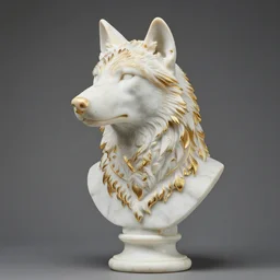 a white marble bust of a wolf with gold filigree