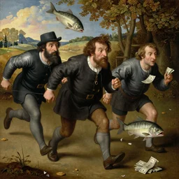 The medium shot of three sarcastic mans with fishes running away with a small profit of money, thinking they've made a great deal by Hieronymus Bosch, super detailed oil painting, 4k, masterpiece