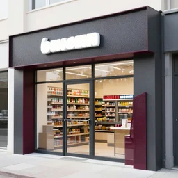 Award winning shopfront design, convenience store, dark grey, anthracite with burgundy accents, perforated metal, paint, laser cut textures, highly detailed, bright signage, vinyl on glazing, zaha hadid