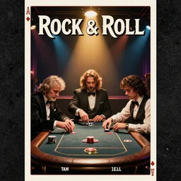Rock and Roll poster, demi gods playing poker on stage
