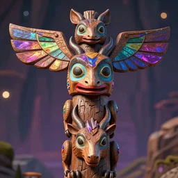 totem pole of animal spirits, wood carving, super detailed, colorized, 8k, trending on Artstation, D&D, fantasy, raytracing, wide depth of field, bokeh, iridescent accents, vibrant, award winning, by Anato Finnstark and Marc Simonetti, spectacular lighting, octane rendered