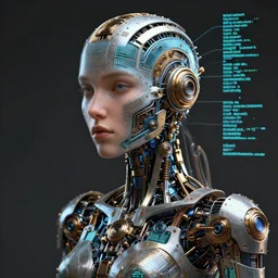 a portrait of a female robot made from code, very intricate details, futuristic steampunk, octane render, 8 k, trending on artstation