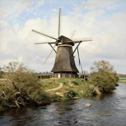 a beautiful view of a mill next to a strem, by hermann ottomar herzog