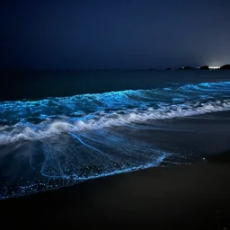 Dreamt in 30.28s for  nighttime view of beach on the ocean, bioluminescent on the edges of waves, realistic, fine detail, 4k, amazing