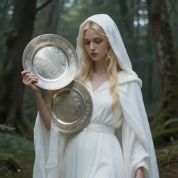 the goddess of memory carrying inscribed silver plates in the forest, white hood, white robes, blonde, fantasy, magical, realistic and detailed, spiritual, supernatural, intricate, elegant, highly detailed, digital painting, trending on artstation, by wlop, 4 k octane render