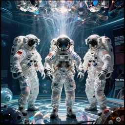 astronauts in the abstract underwater room - complex and hyperdetailed transparent suit. reflection and dispersion materials. rays and dispersion of light. volumetric light. f / 3 2. noise film photo. flash photography. ultra realistic, ultra wide angle. holographic and anaglyph materials, poster by wayne barlowe, mike winkelmann, craig mullins