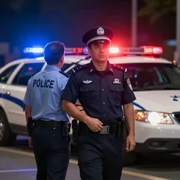 man getting arrested by police, police car in background with bright police sirens, lens glare, dramatic lighting, cinematic, establishing shot, extremely high detail, photo - realistic, cinematic lighting