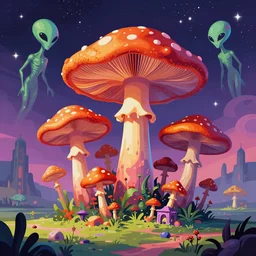 psychedelic mushrooms, enchanted alien world, universe in the sky, aliens, bright colors, wide angle shot, vector art, illustration by frank frazetta and salvador dali