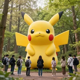 photograph of a group of people worshipping a giant pikachu in a forest, ultra realistic!!!, spring time, slight overcast weather, golden hour, sharp focus