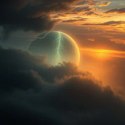 a beautiful digital artwork of a dream planet atmosphere, fog, lightning, dark, volumetric lighting, abyss, asperitas, lightning, sunset, very detailed, cirrus, aurora borealis, gold accents, washed out colors, ultrarealistic