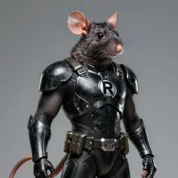 ultra detailed graphic art of ratman, a superhero with the powers of a rat in a black armor with a logo of the letter r, 8 k, ultra realistic, concept art
