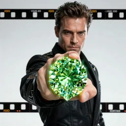 The scene in Morbius where Dr. Michael Morbius (Jared Leto) holds his faintly glowing fist-sized green translucent brilliant cut diamond in his hand, shot on Kodak Vision 200T, 8k, cinematography, composition, beautiful lighting