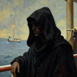 a closeup of a hooded figure on a ferry in the underworld, charon, greek mythology, beksinski