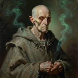 portrait of an elderly mage, male bald emaciated, wearing spikes and piercings, sigils, tattered robes, wisps of green smoke, painting by greg rutkowski and gustave dore