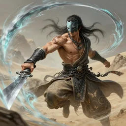 masked male wind mage with wind blades swirling around him by wlop, wuxia, xianxia, weathered skin, athletic, desert robe, butterfly embroidery, black chain mail armor, wind, wind blade, wind magic, airbending, flying, desna, detailed, realistic, anatomically accurate, fantasy illustration, artstation, wlop.