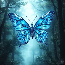 butterfly with blue wings made out of diamond flying over a magical forest