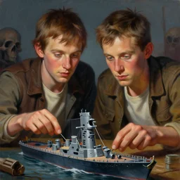 beautiful lifelike painting of bill and ted playing battleships with death, hyperreal detailed facial features and uv lighting, art by ed roth and basil wolverton
