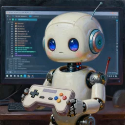 an elaborate cute robot holding a retro game controller in its hand, the background is a computer screen, intricate details, hyperrealistic oil painting on canvas, deep depth field, hd, hdr, 4 k, 8 k, by gerardo dottori
