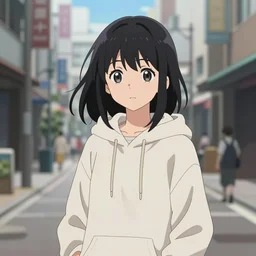 black haired girl wearing hoodie, city, anime fantasy artwork, shinkai makoto