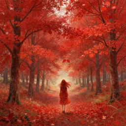 autumn landscape with red trees, a girl with with hair becoming autumn red leaves, intricate, dreamy, digital painting, artstation, concept arti, unreal engine 5, 8 k, art by artgerm and greg rutkowski and alphonse mucha