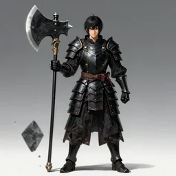 A berserker with a huge axe, wearing black plated armor in the style of Ayami Kojima