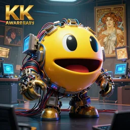 hyperrealist portrait of pac man, it is decorated with long wires and computer monitors on their body in the cyberpunk office background. by jeremy mann and alphonse mucha, fantasy art, photo realistic, dynamic lighting, artstation, poster, volumetric lighting, very detailed faces, 8 k, award winning