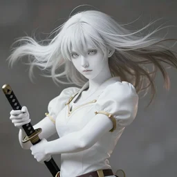 renaissance art elf girl with white skin, katana in hand, hair blowing the wind, trending artistic art, soft anime, dynamic photography, fate zero, realistic face, extremely high detailed, bokeh background, studio ghibly makoto shinkai yuji yamaguchi, wlop